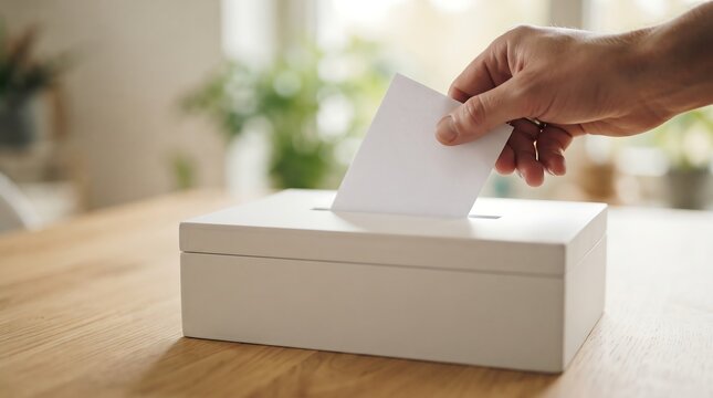 Close up of a hand casting a ballot into a white wooden voting box with casting vote citizen rights political election political process civic duty ballot paper