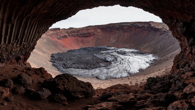 View of a volcanic crater from inside a cave, showcasing rugged terrain and mineral deposits