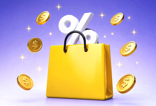 Bright yellow shopping bag with large percentage symbol floating coins representing discount savings and deals