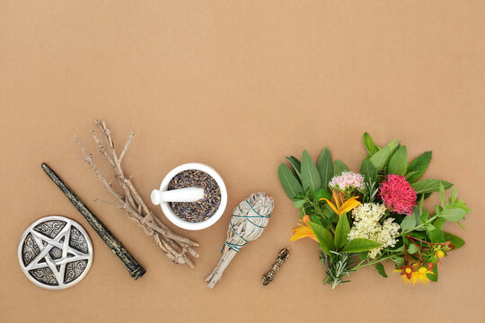 Natural herbal medicine for nature based green occult witchcraft. Fresh dried herbs, magic equipment for medicinal, cleansing purposes.