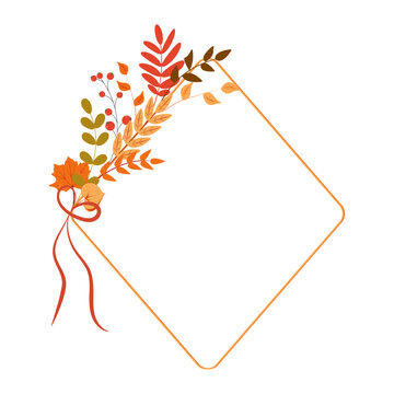 Autumn rhombus frame with fall leaves, berries, red ribbon bow, copy space for text. Vector illustration, isolated on white. Fall botanical frame template. Blank.