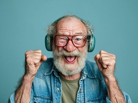 Excited old man with headphones winking and smiling