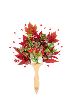 Painting Autumn with paintbrush, leaves, flowers, nuts and berries on white background. Fall season colorful nature design for logo with warm hues. Greeting card. 
