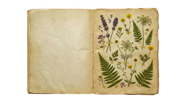 Open vintage book with pressed dried flowers and green leaves isolated on transparent background