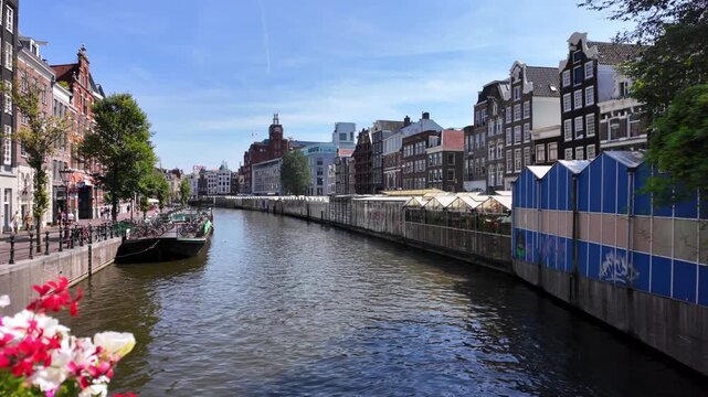 Singel Gracht in Amsterdam, Netherlands, with Flower Market Bloemenmarkt 