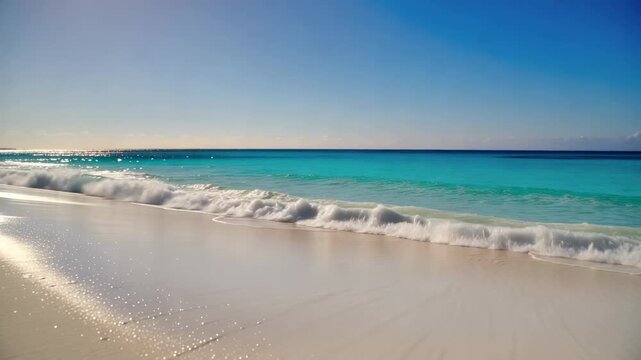 Serene beach scene with gentle waves lapping against the shore, clear blue sky above and sparkling water reflecting sunlight, creating a tranquil coastal atmosphere