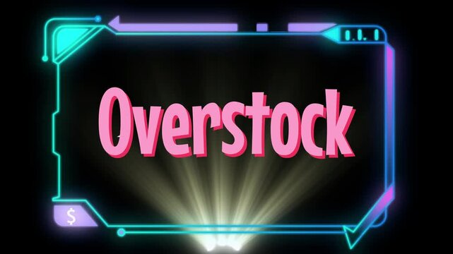 Overstock promotional graphic text shines in pink font within a glowing futuristic neon frame against a dark background.