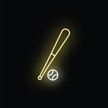 Baseball bat and ball glowing neon light on black background