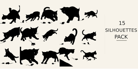 Fototapeta premium Cat Chasing A Mouse Silhouette - Powerful Pose Black Silhouette Black Vector Clipart on White Background