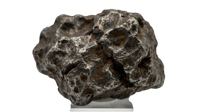 Raw iron meteorite stone with rough texture and metallic surface isolated on transparent background