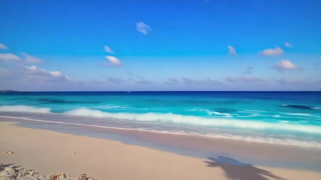 Serene beach sunset with gentle waves lapping at the shore, transitioning from warm hues to vibrant blues under a clear sky, showcasing tranquil coastal beauty