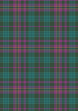 Seamless dark green tartan plaid pattern vector background with magenta, teal, and orange lines, traditional fabric texture for fashion apparel, blankets, and holiday winter decor