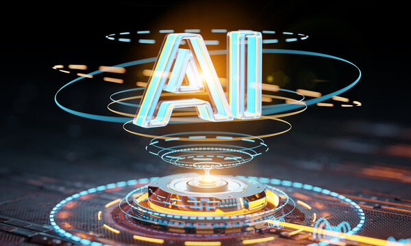 Robotic hand pressing digital button with holographic AI interface. Futuristic technology concept. 3D rendering