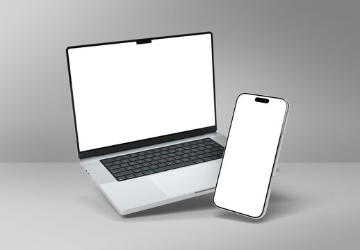 Modern smartphone and laptop with blank screens floating and isolated on grey background, side view, 3D rendering