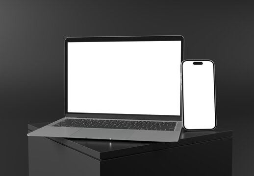 Modern smartphone and laptop with blank screens isolated on black background, side view, 3D rendering