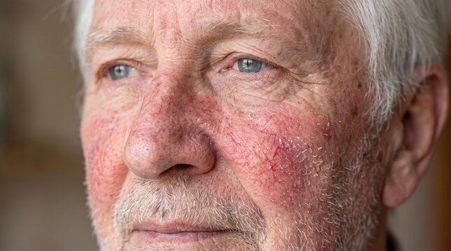 Senior Caucasian Man Face with Rosacea Erythema and Visible Telangiectasia