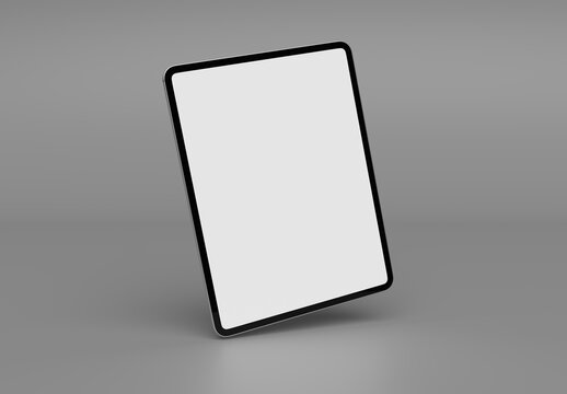 Modern tablet mockup floating on clean grey background. Silver color. 3d rendering