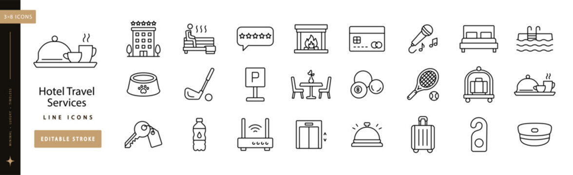 Hotel Travel Services line icon set editable stroke