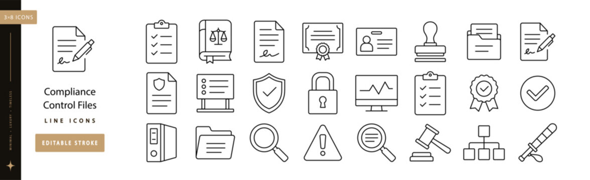 Compliance Control Files line icon set editable stroke