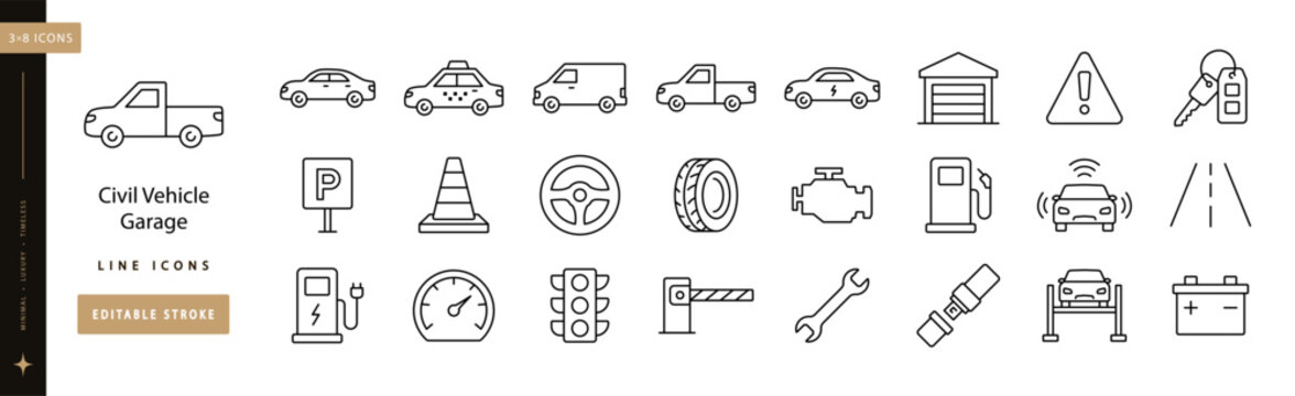 Civil Vehicle Garage line icon set editable stroke