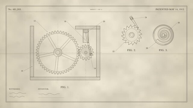 Antique patent drawing of an imaginary machine: gears mesh, a ratchet clicks and a mainspring breathes on aged paper, seamless loop with copy space