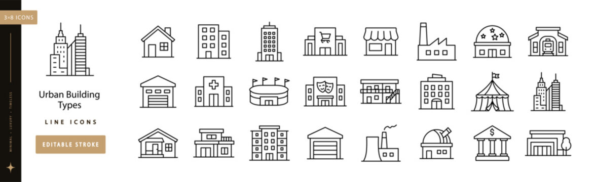 Urban Building Types line icon set editable stroke