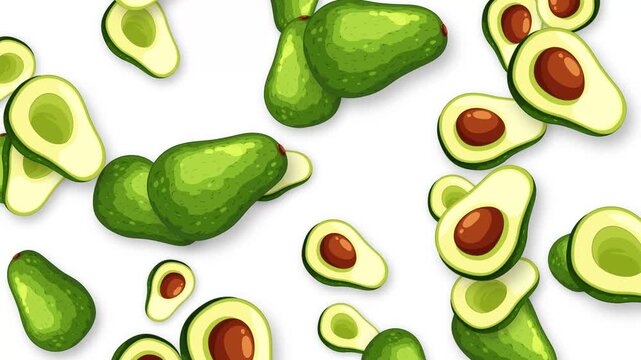 Falling Whole and Halved Avocado Fruit Animation on White Background