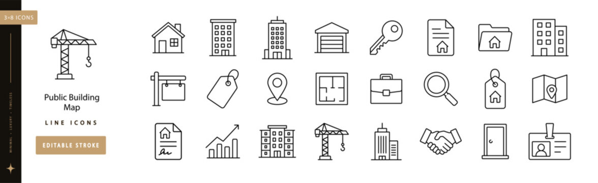 Public Building Map line icon set editable stroke