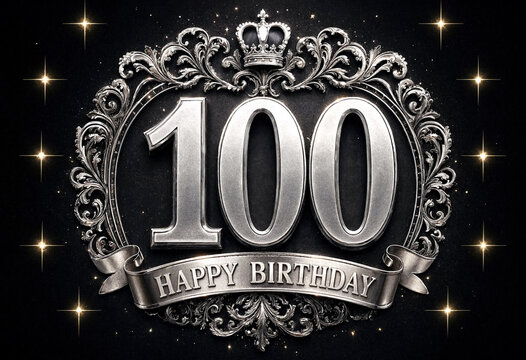Elegant metallic hundredth birthday celebration graphic design with crown and decorative border