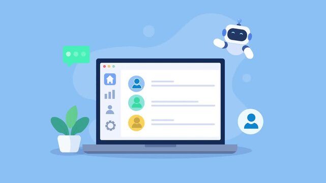 Animated video showing a laptop with a digital contact management interface featuring multiple user profiles, surrounded by chat and user icons on a soft blue background.