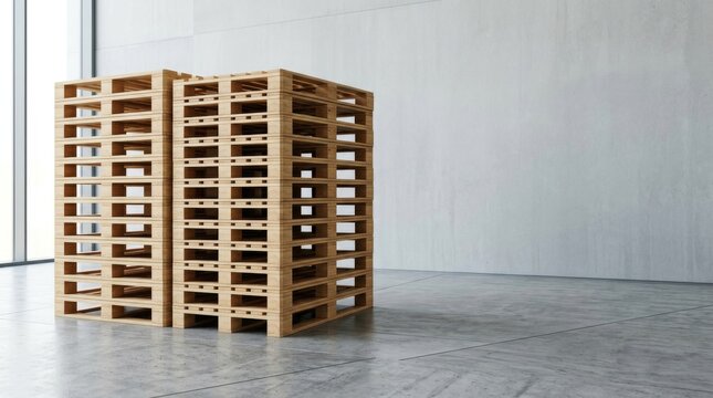 Two stacks of empty wooden pallets in a modern warehouse interior.