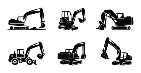Excavator Icons Set: Construction Machinery Vector Graphics, Heavy Equipment Illustrations, Digging Machine Silhouettes © Nahid