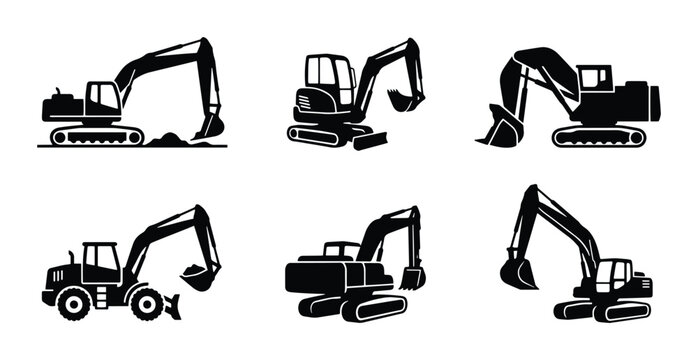 Excavator Icons Set: Construction Machinery Vector Graphics, Heavy Equipment Illustrations, Digging Machine Silhouettes