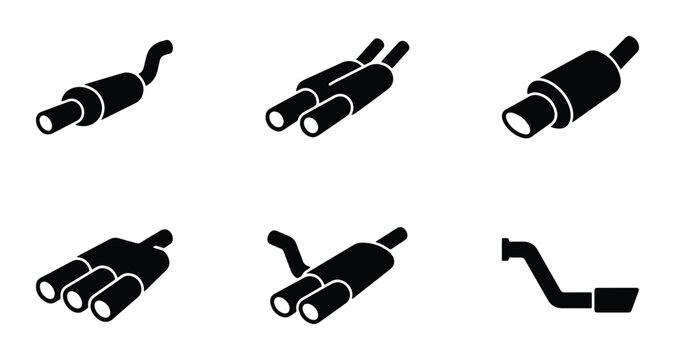 Car Exhaust Muffler Icons Set, Automotive Parts Vector Graphics, Vehicle Silencer Symbols Collection