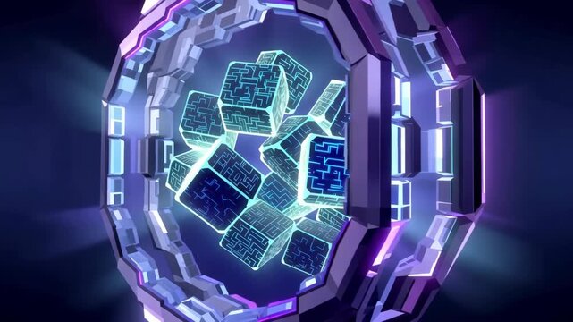 Futuristic digital cubes with intricate patterns rotate and shift within a glowing circular frame, creating a mesmerizing visual effect in a dark environment