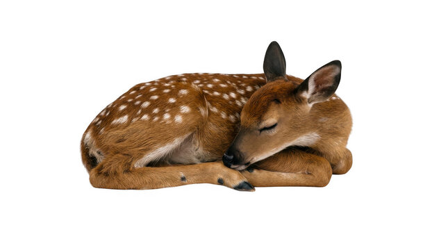 Small spotted baby deer sleeping peacefully on the ground isolated on transparent background
