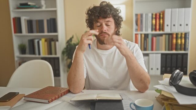Man rubbing eyes while holding a pen near open books and a coffee cup on desk in studio; tired study concentration.