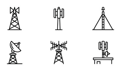 Naklejka premium Communication Towers Vector Icons Set, Telecommunication Antennas, Network Infrastructure Graphics