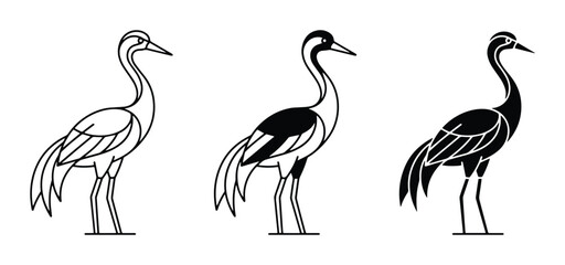 Fototapeta premium Elegant Crane Vector Icons, Silhouette and Outline Styles, Bird Graphics