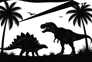 Dinosaur silhouette scene with Tyrannosaurus rex and Stegosaurus in prehistoric jungle landscape, palm trees and flying pterosaurs isolated vector illustration © MstMasuda