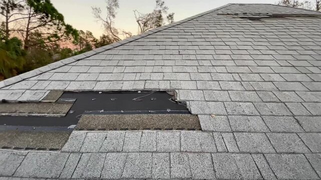 Home roof wind storm damage torn off missing shingles repair necessary.