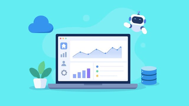 Animated video showing a laptop with a cloud data analytics dashboard, featuring charts and database elements on a bright turquoise background.
