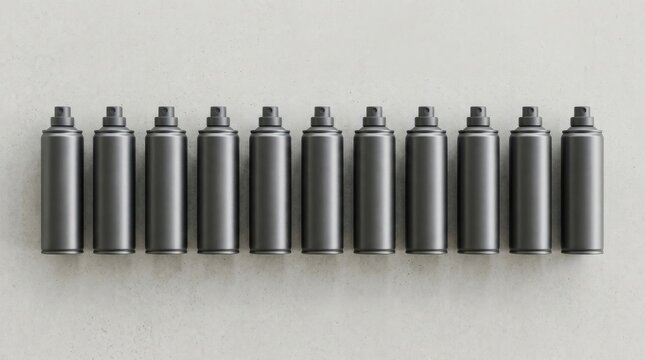 Set of black aerosol spray paint cans on a light grey background.