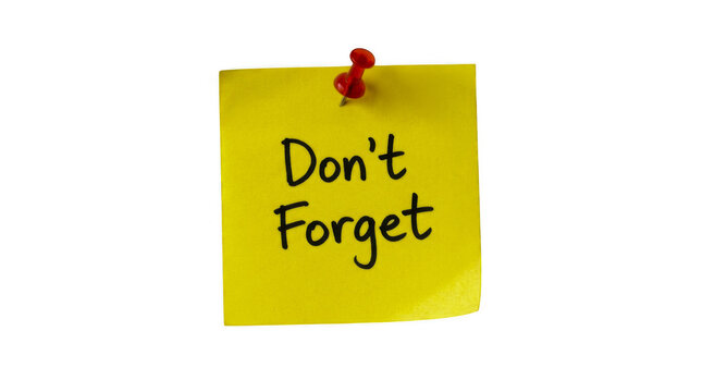 Yellow sticky note with dont forget message and red push pin isolated on transparent background