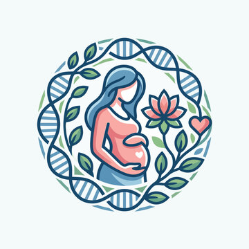 Circular vector emblem of a pregnant woman silhouette framed by a DNA helix border, featuring a lotus flower, heart icon, and green leaves in a clean medical illustration style.
