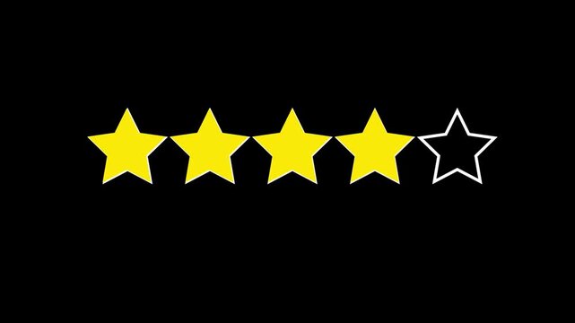 Star rating animation, product performance positive impression. 4 star rating animation.Black Background