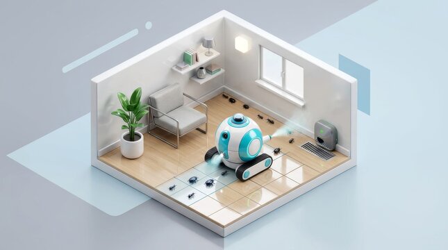 Isometric illustration of a smart robotic vacuum cleaner cleaning a modern living room.