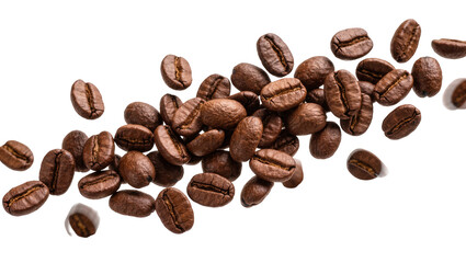 Obraz premium Scattered roasted coffee beans, isolated on transparent background