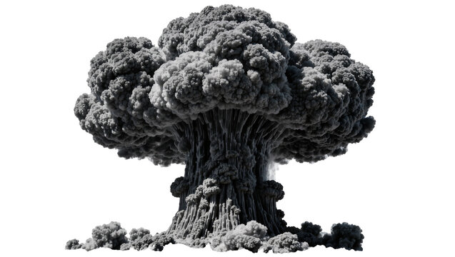 Massive dark grey mushroom cloud explosion, isolated on transparent background