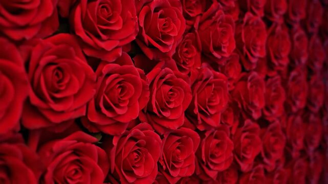 Close-up of a vibrant wall of red roses, perfect for romance